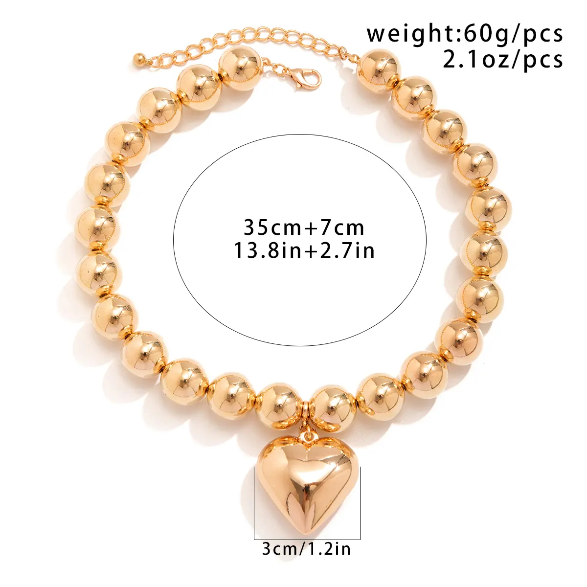 Ingemark Punk Big Love Heart Pendant Choker Necklace for Women Vintage Chunky Heavy CCB Beads Chain Grunge Jewelry Steampunk Men