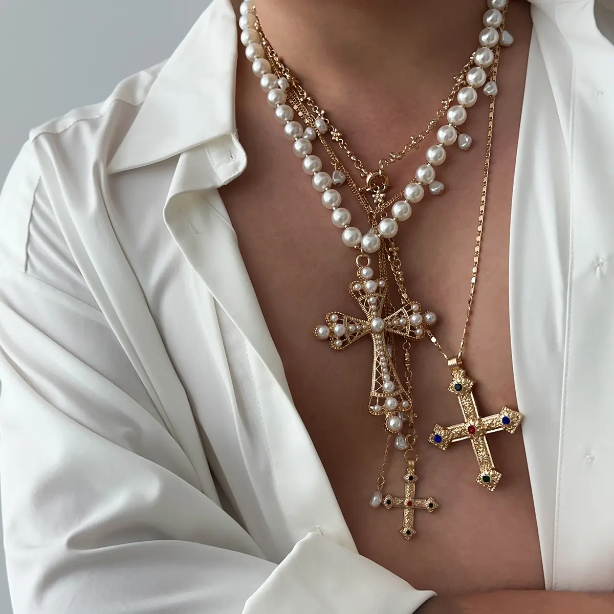 Ingemark Vintage Creative Big Imitation Pearl Jesus Cross Pendant Choker Necklace for Men Luxury Adjustable Chain Grunge Jewelry