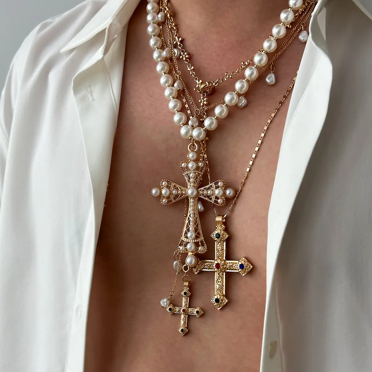 Ingemark Vintage Creative Big Imitation Pearl Jesus Cross Pendant Choker Necklace for Men Luxury Adjustable Chain Grunge Jewelry