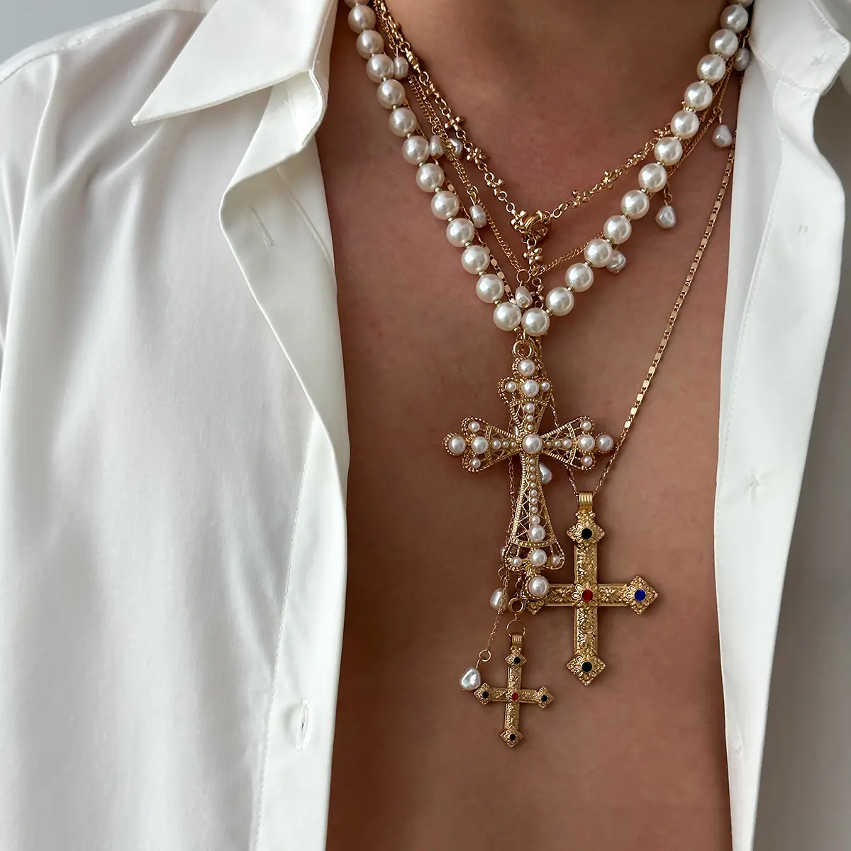 Ingemark Vintage Creative Big Imitation Pearl Jesus Cross Pendant Choker Necklace for Men Luxury Adjustable Chain Grunge Jewelry