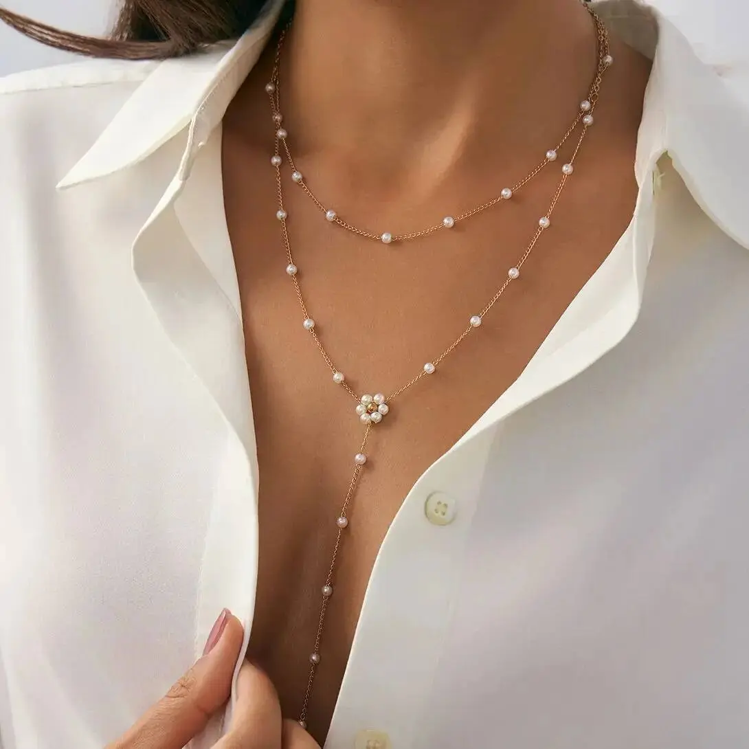 Ingemark Delicate Imitation Pearl Flower Long Tassels Pendant Choker Necklace for Women Elegant Chest Chain Banquet Wed Jewelry