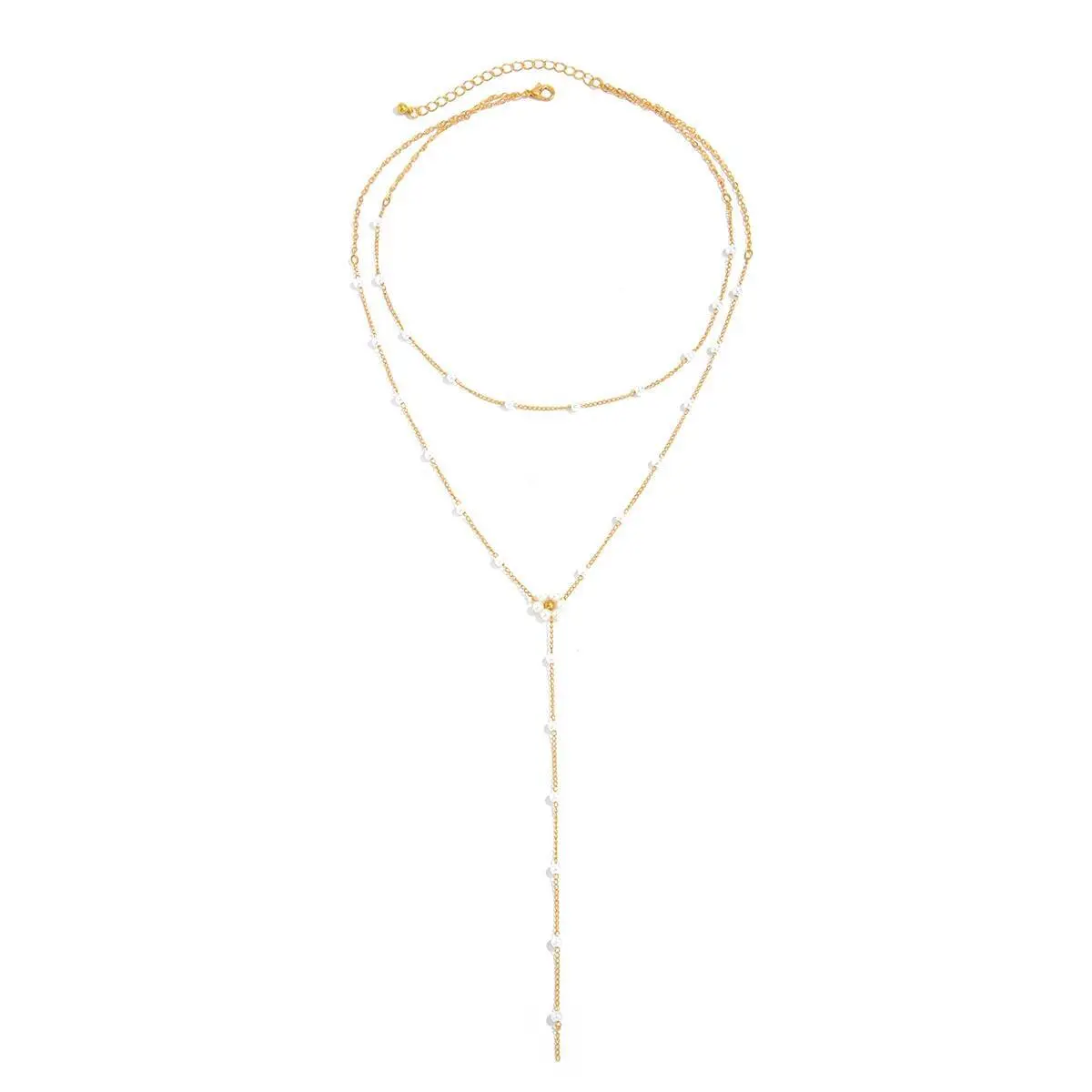 Ingemark Delicate Imitation Pearl Flower Long Tassels Pendant Choker Necklace for Women Elegant Chest Chain Banquet Wed Jewelry
