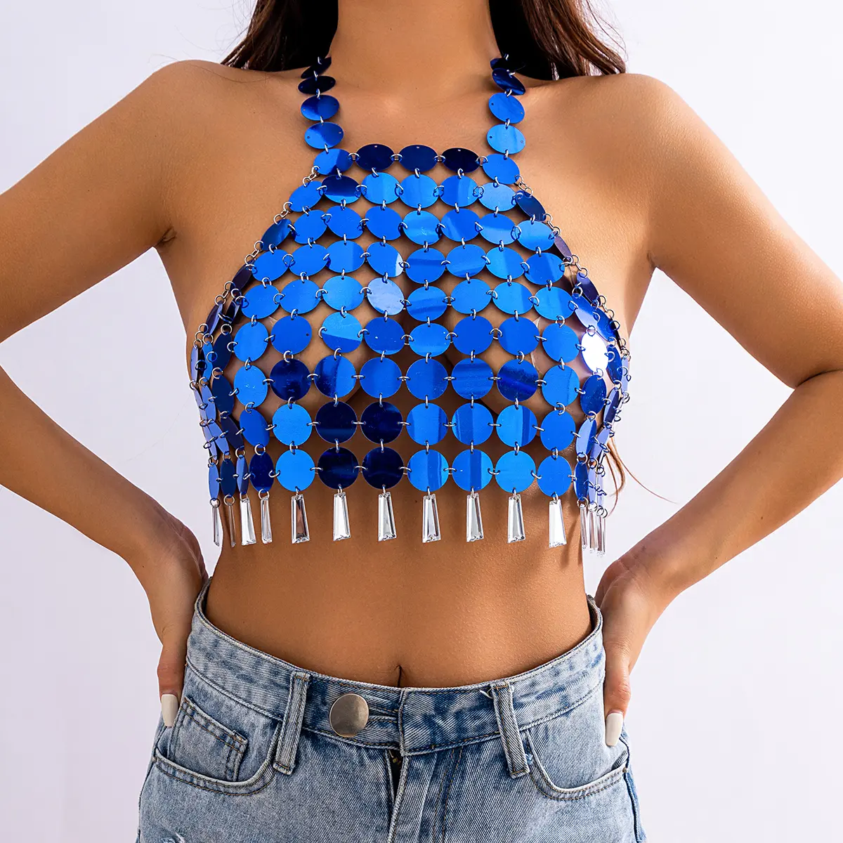 Ingemark Sexy Plastic Sequin Sling Bra Chest ChainTop Belly Dance Boho Clubbing Tribal Crystal Pendant Festival Body Jewelry New
