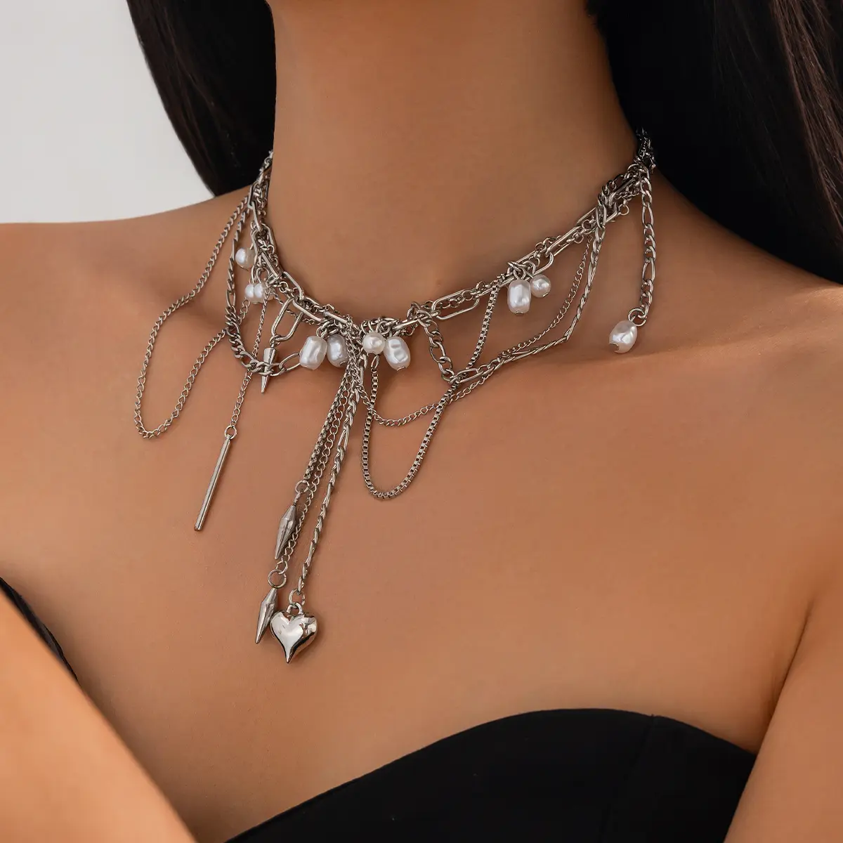 Ingemark Multilayer Tassel Love Heart Pendant Choker Necklace for Women Trend Punk Silver Color Metal Chain Party Jewelry Gift