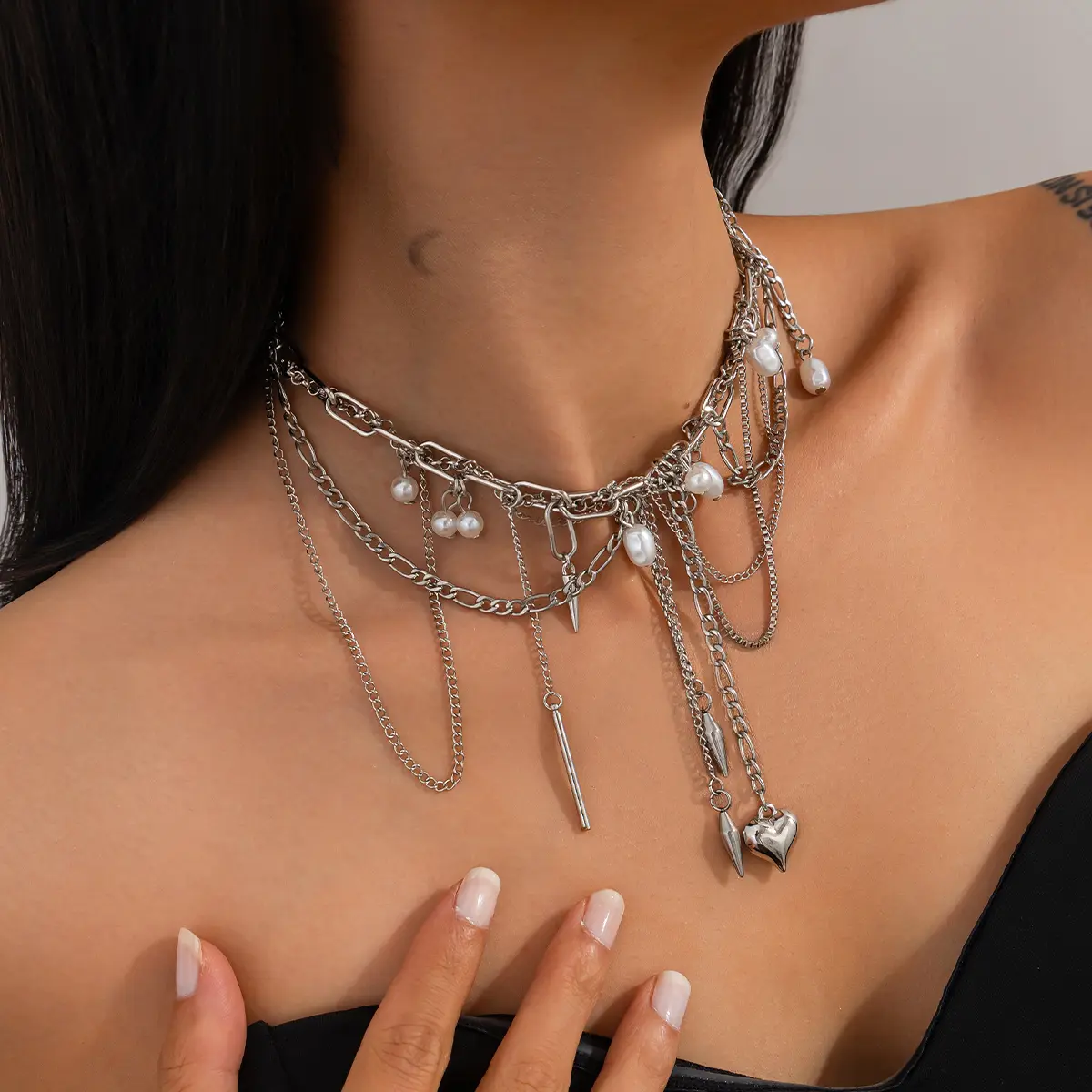 Ingemark Multilayer Tassel Love Heart Pendant Choker Necklace for Women Trend Punk Silver Color Metal Chain Party Jewelry Gift