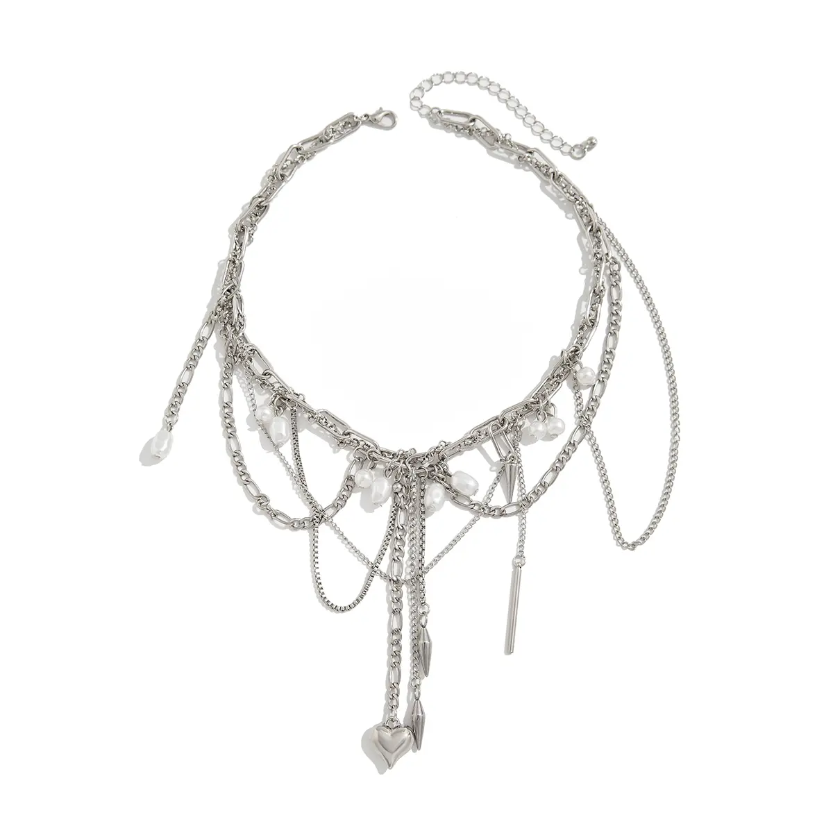 Ingemark Multilayer Tassel Love Heart Pendant Choker Necklace for Women Trend Punk Silver Color Metal Chain Party Jewelry Gift