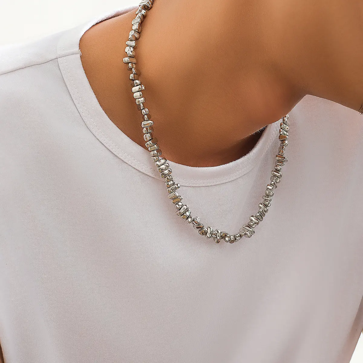 Ingemark Retro Silver Color Irregular CCB Bead Chain Necklace Unisex Vintage Adjustable Link Choker Grunge Jewelry Steampunk Men