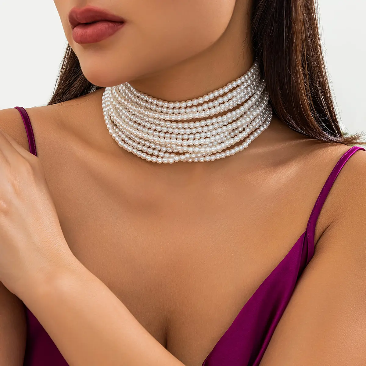 Multilayer Elegant Imitation Pearl Chunky Beads Chain Necklace for Women Wedding Bridal Goth Clavicle Choker Neck Accessories