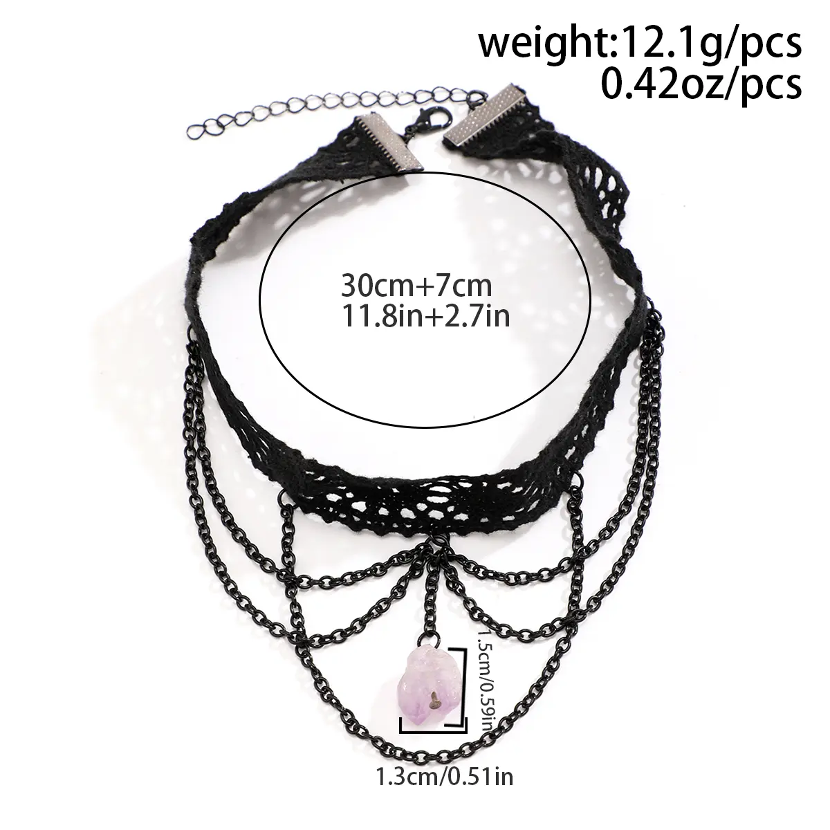 Goth Black Lace Purple Stone Pendant Choker Necklace for Women Vintage Multilayer Metal Chain Halloween Party Jewelry Steampunk