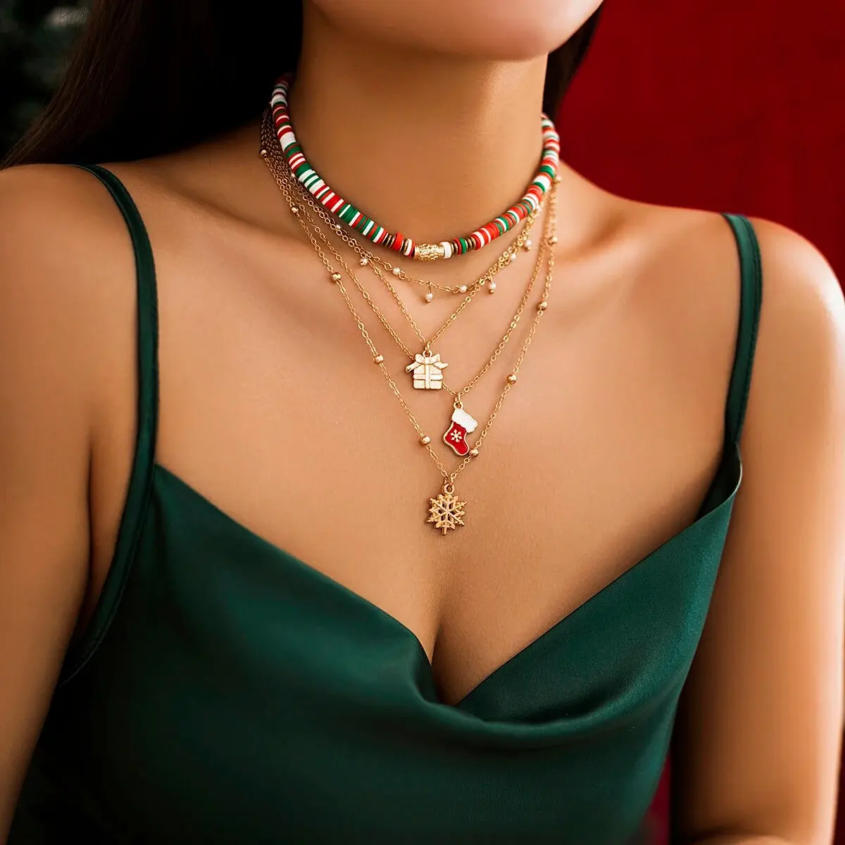 5Pcs Creative Polymer Clay Chain Necklace for Women Vintage Christmas Socks Snowflake Gift Box Pendant Choker Xmas Jewelry New