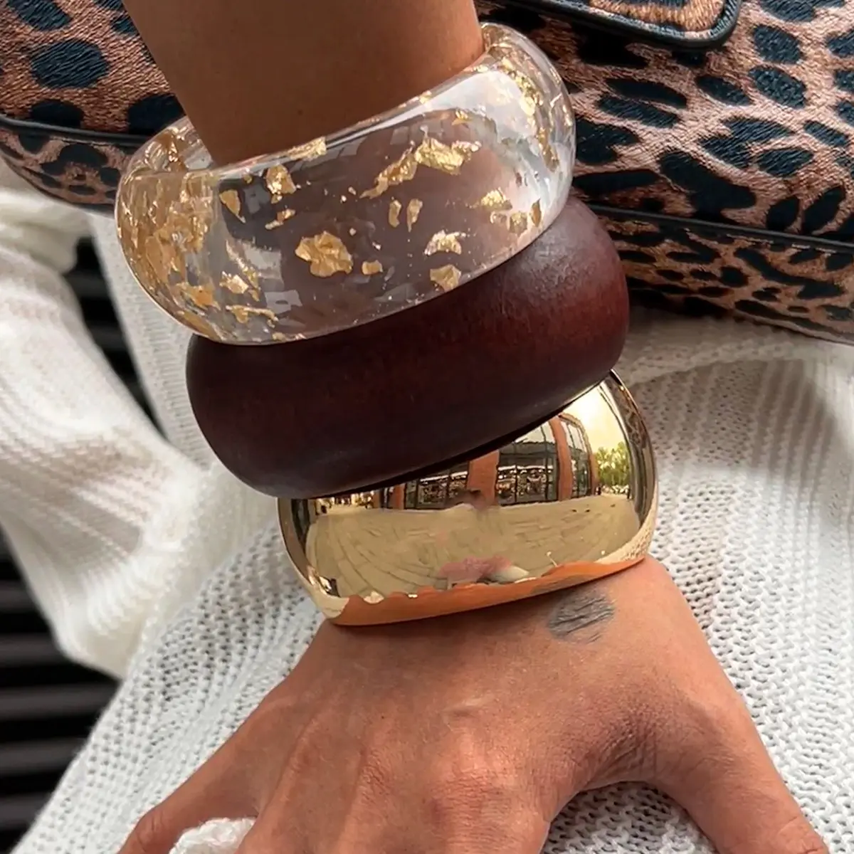 Ingemark Exaggerated Unique Acrylic Wood Alloy Wide Bangle for Women Trendy Creative Chunky Stackable Bracelets Hand Jewelry New