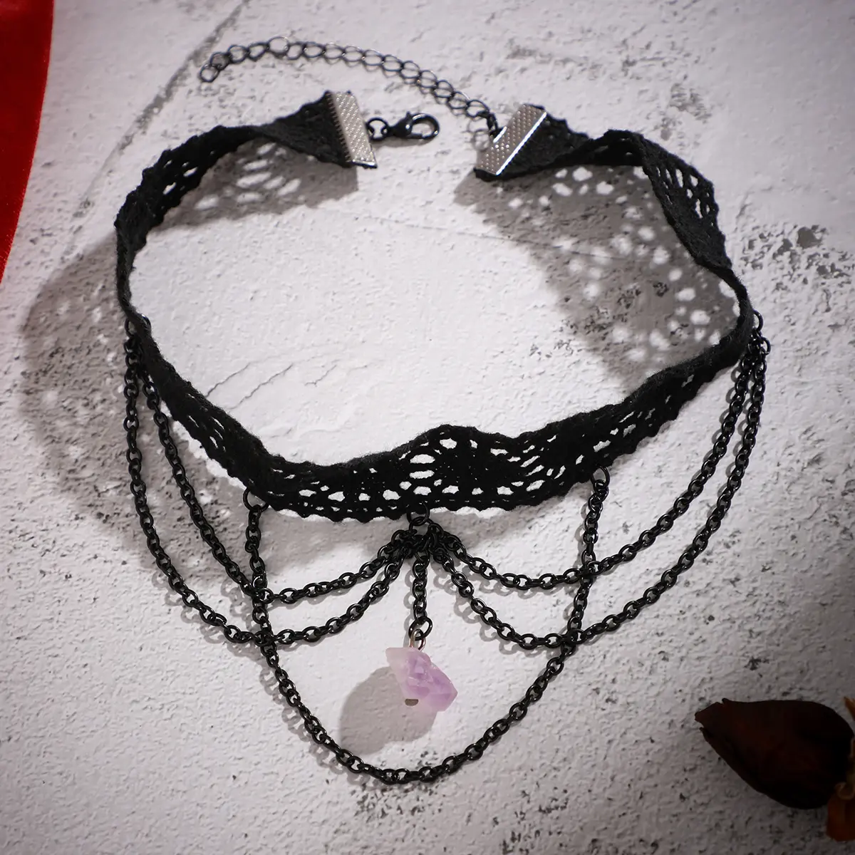 Goth Black Lace Purple Stone Pendant Choker Necklace for Women Vintage Multilayer Metal Chain Halloween Party Jewelry Steampunk