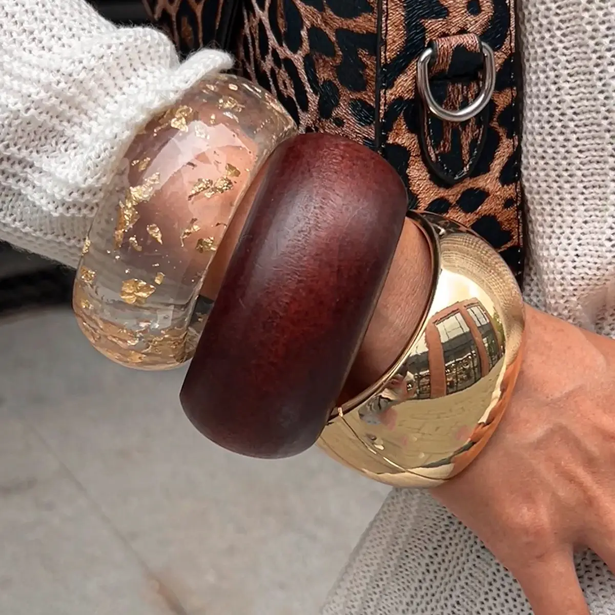 Ingemark Exaggerated Unique Acrylic Wood Alloy Wide Bangle for Women Trendy Creative Chunky Stackable Bracelets Hand Jewelry New