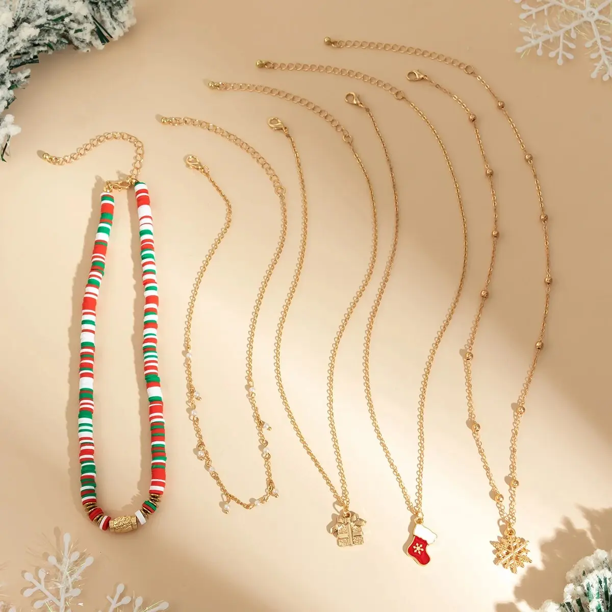 5Pcs Creative Polymer Clay Chain Necklace for Women Vintage Christmas Socks Snowflake Gift Box Pendant Choker Xmas Jewelry New