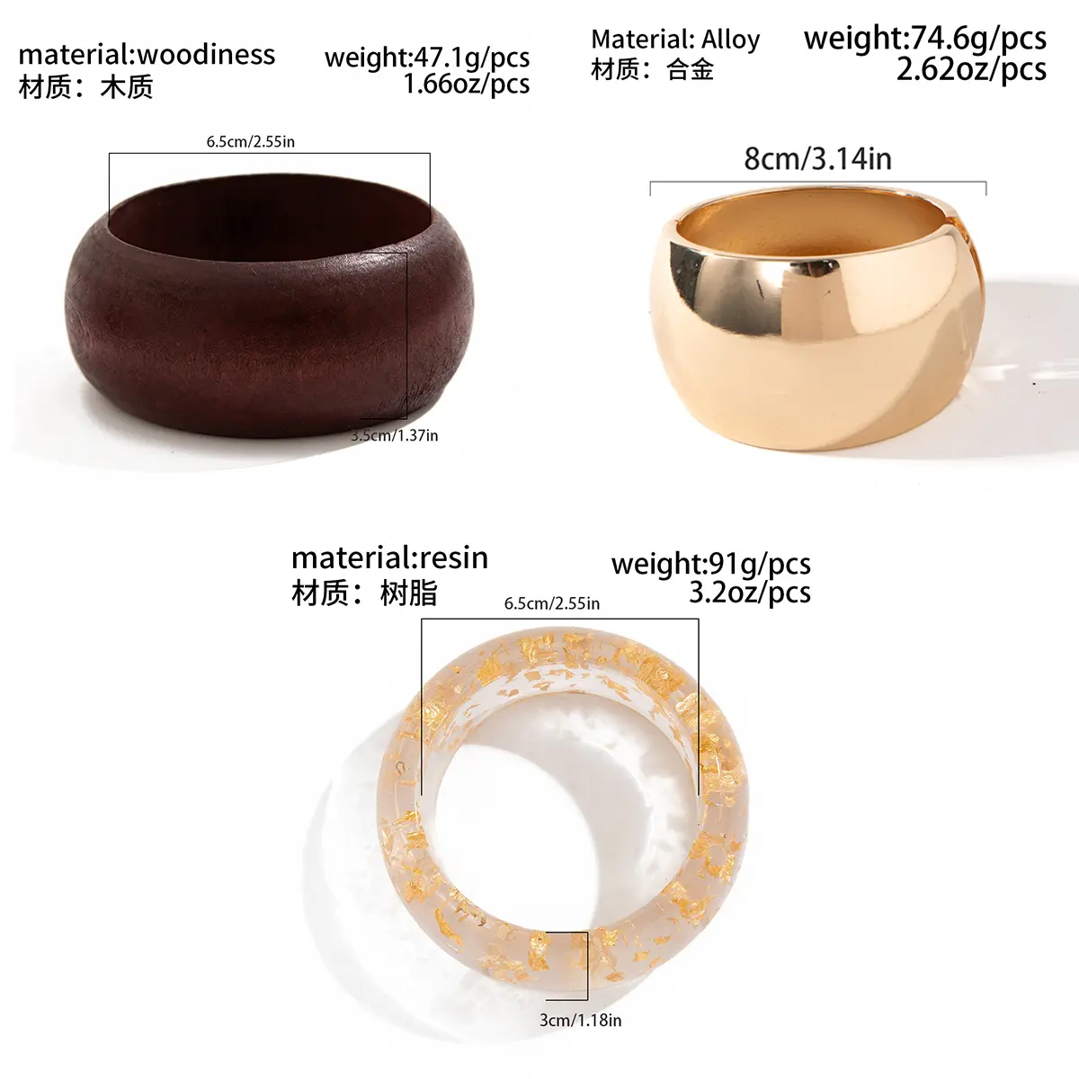 Ingemark Exaggerated Unique Acrylic Wood Alloy Wide Bangle for Women Trendy Creative Chunky Stackable Bracelets Hand Jewelry New
