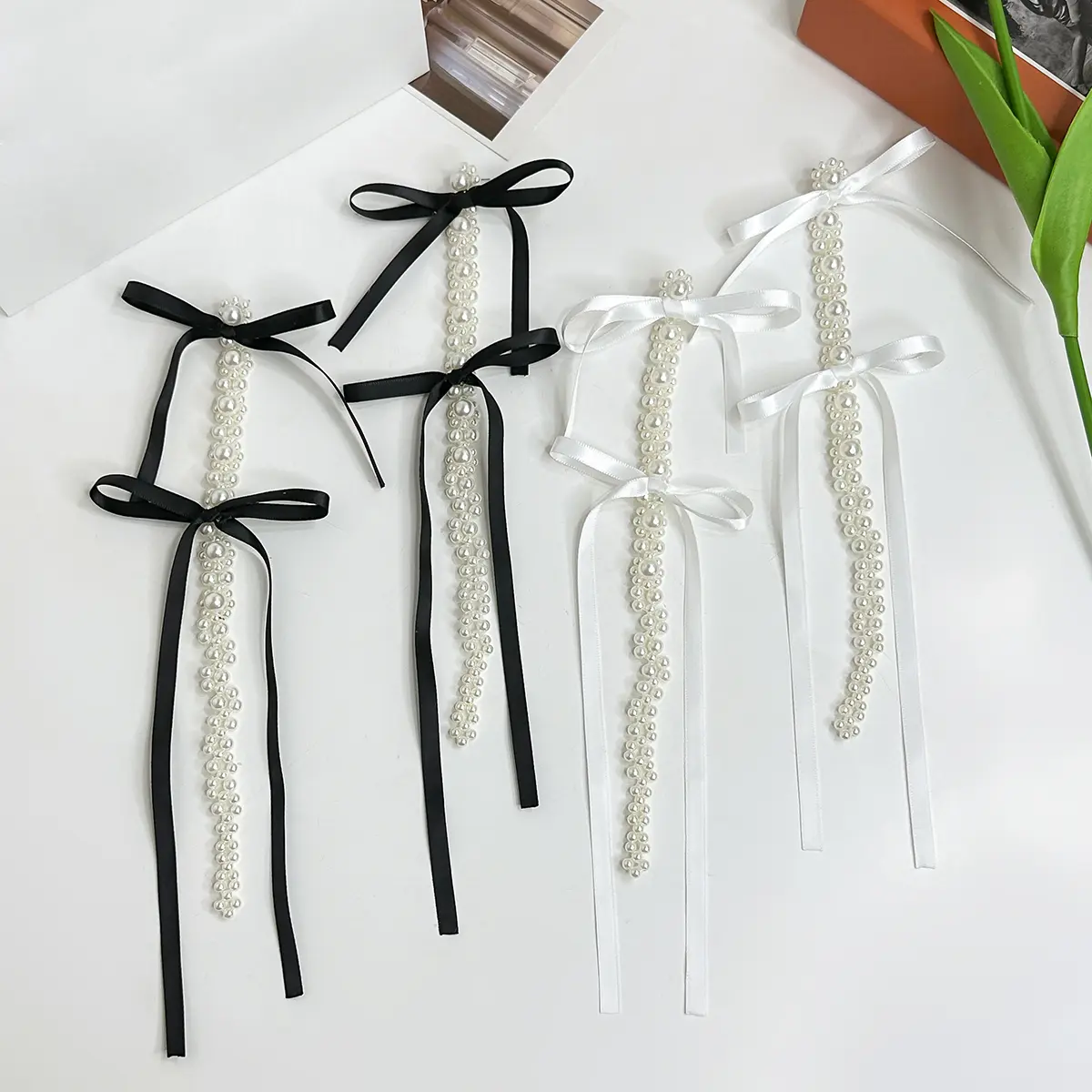 Elegant Long Tassel Ribbon Bowknot Pendant Drop Earrings for Women Wedding Kpop Goth Imitation Pearl Bow Earring Banquet Jewelry