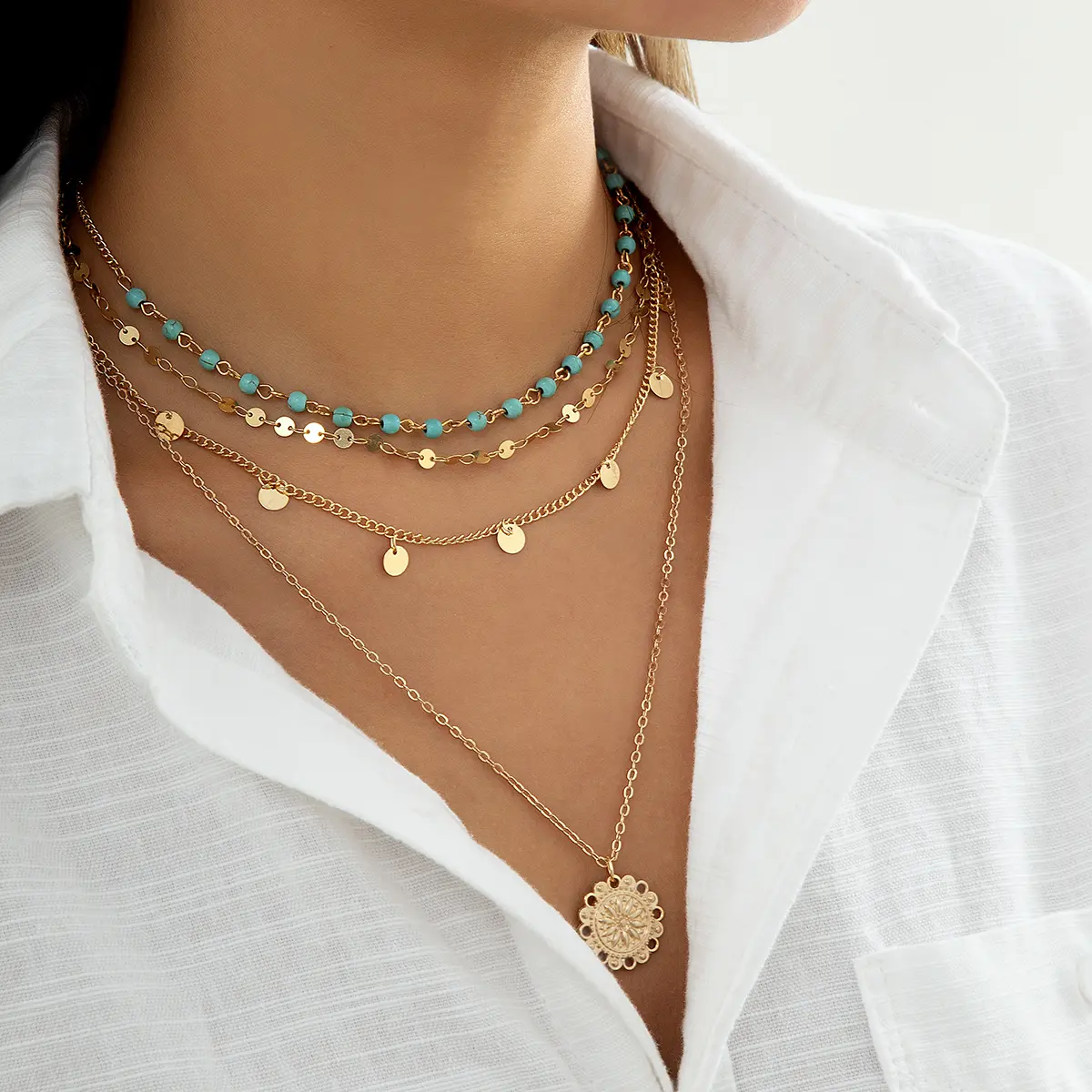 4Pcs/Set Boho Stone Flower Plate Pendant Choker Necklace for Women Vintage Gold Color Adjustable Chain Aesthetic Jewelry Gift