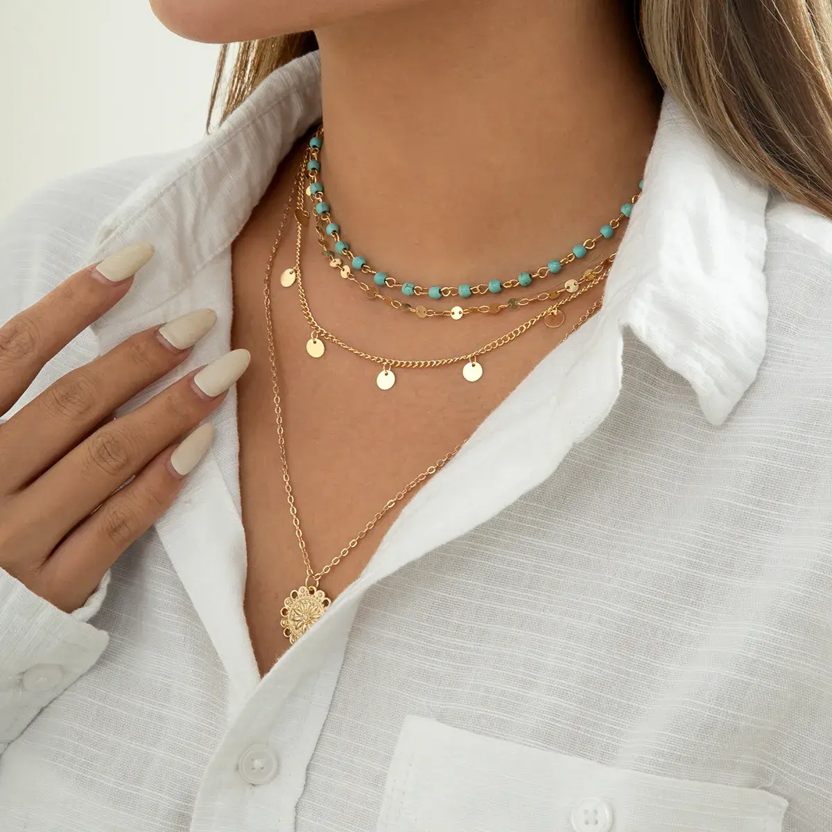 4Pcs/Set Boho Stone Flower Plate Pendant Choker Necklace for Women Vintage Gold Color Adjustable Chain Aesthetic Jewelry Gift