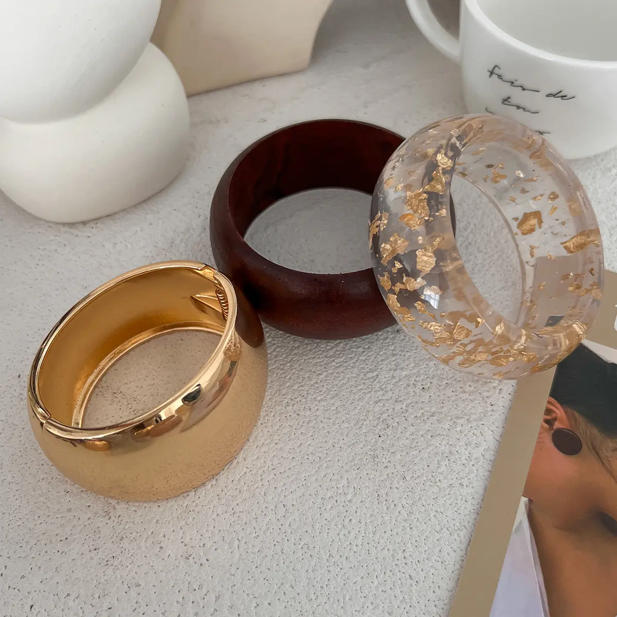 Ingemark Exaggerated Unique Acrylic Wood Alloy Wide Bangle for Women Trendy Creative Chunky Stackable Bracelets Hand Jewelry New