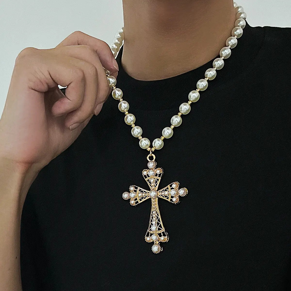 Ingemark Punk Big Cross Jesus Pendant Choker Necklace for Women Men Goth Imitation Pearl Chain Halloween Male Jewelry Gift New