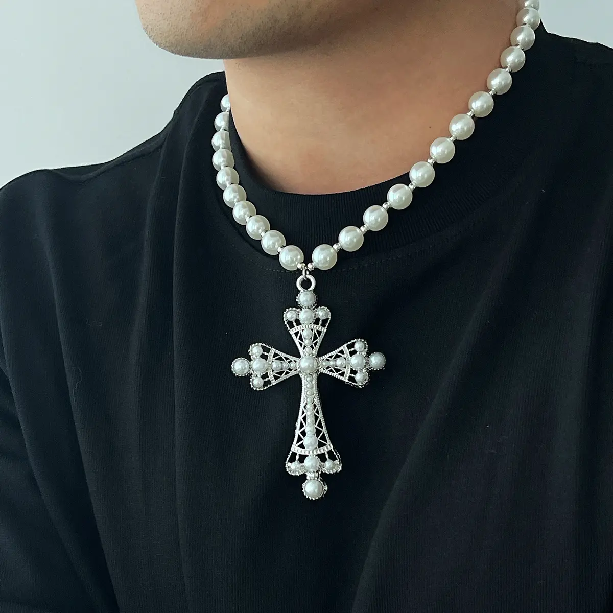 Ingemark Punk Big Cross Jesus Pendant Choker Necklace for Women Men Goth Imitation Pearl Chain Halloween Male Jewelry Gift New