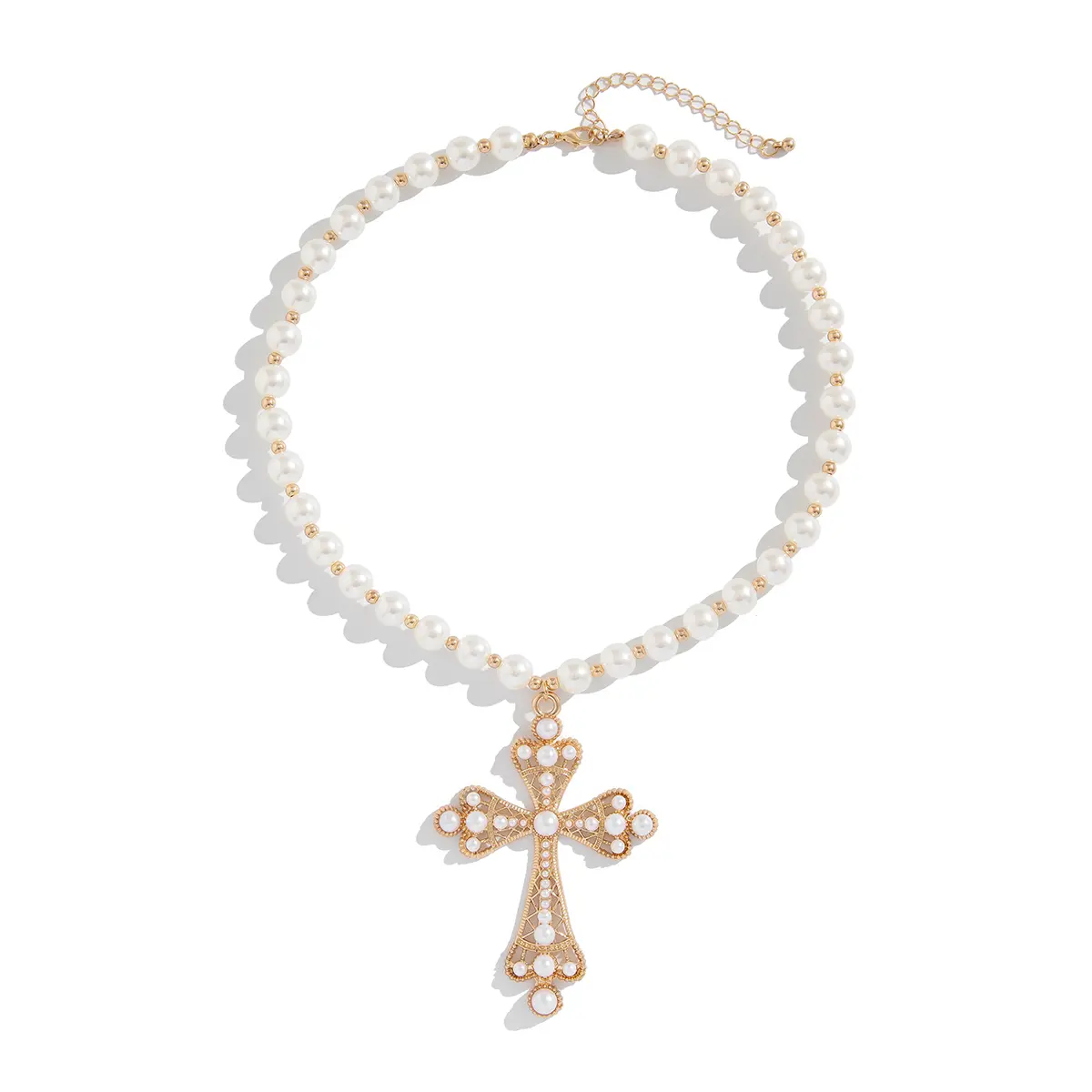Ingemark Punk Big Cross Jesus Pendant Choker Necklace for Women Men Goth Imitation Pearl Chain Halloween Male Jewelry Gift New