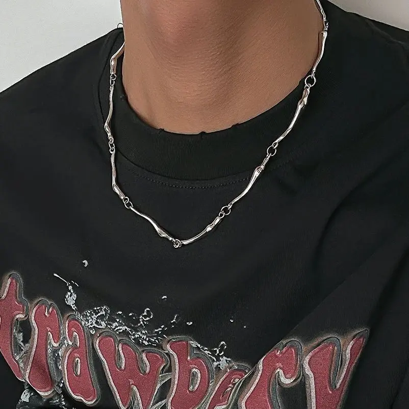 Ingemark Minimalism Irregular Wave Stainless Steel Chain Necklace for Men Goth Adjustable Link Choker Grunge Jewelry on the Neck