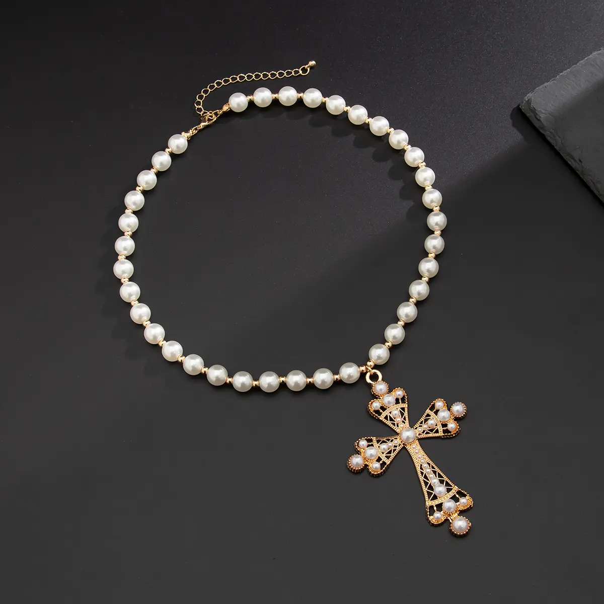 Ingemark Punk Big Cross Jesus Pendant Choker Necklace for Women Men Goth Imitation Pearl Chain Halloween Male Jewelry Gift New