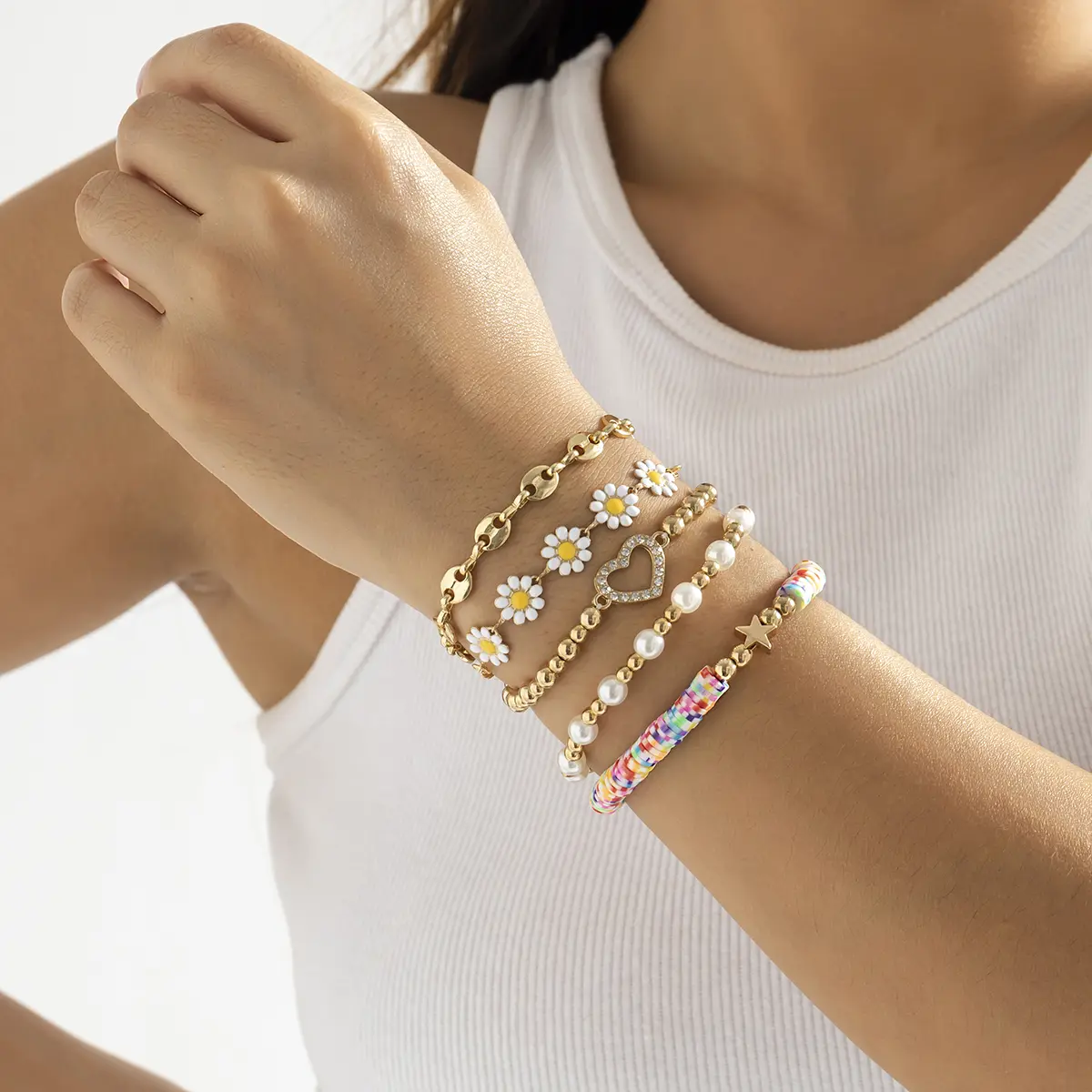 5Pcs/Set Kpop Sunflower Ball Polymer Clay Chain Bracelets for Women 2023 Trending Rhinestone Love Heart Bangles Couple Jewelry