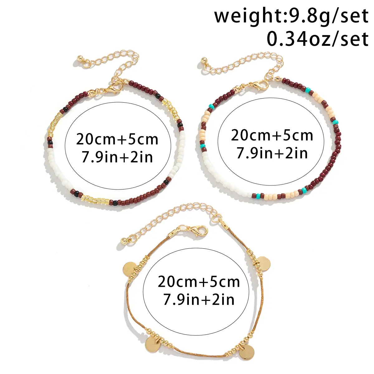 3Pcs/Set Bohemian Rice Beads Anklets for Women Vintage Trend Round Sequin Feet Chain Summer Beach Barefoot Jewelry Accessories