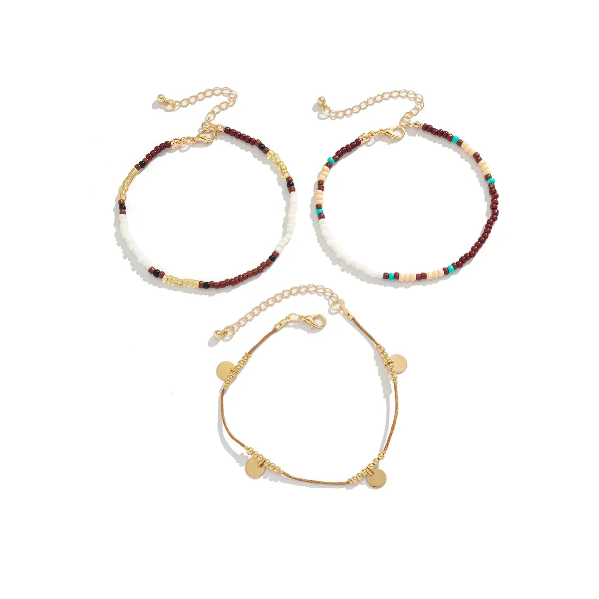3Pcs/Set Bohemian Rice Beads Anklets for Women Vintage Trend Round Sequin Feet Chain Summer Beach Barefoot Jewelry Accessories