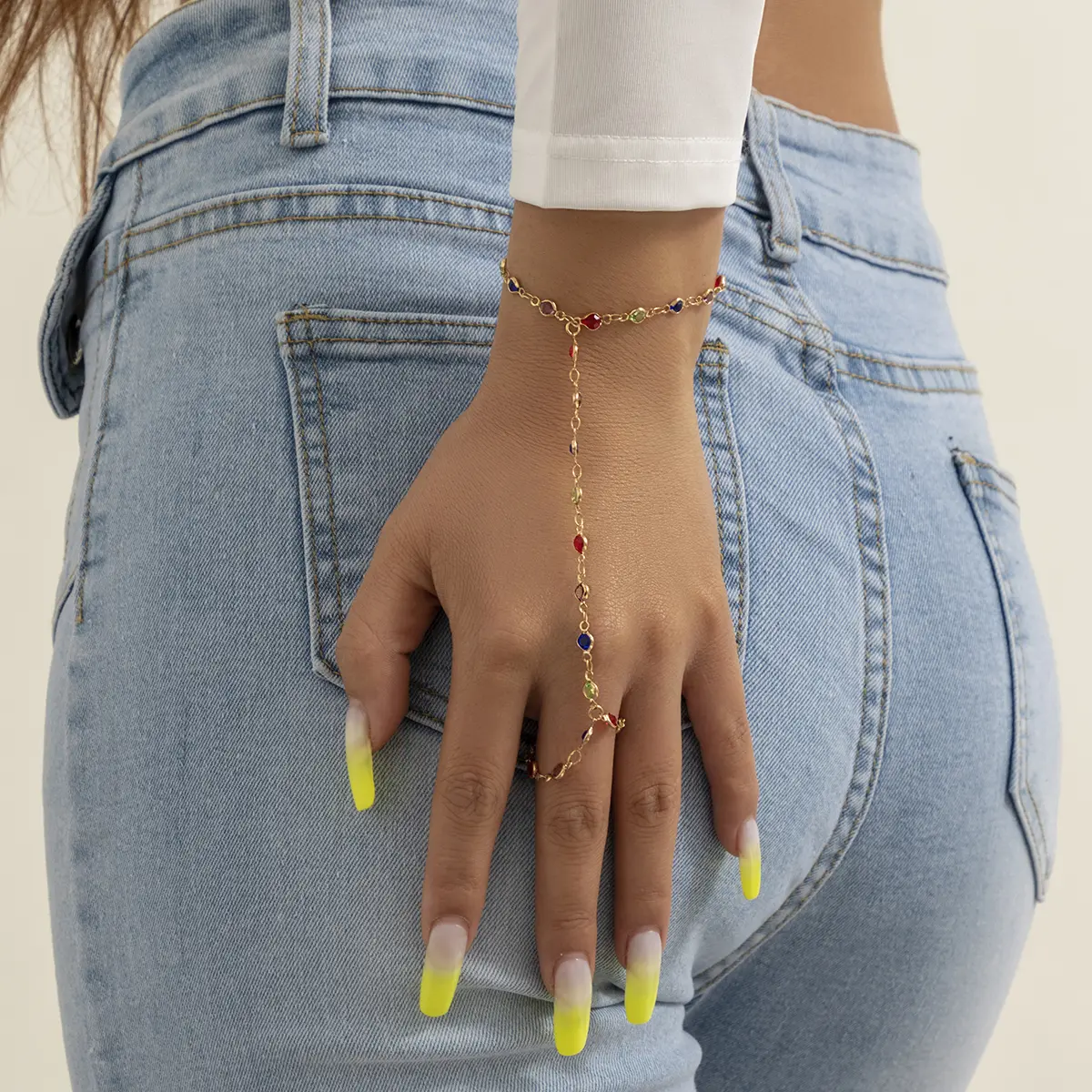Boho Creative Simple Crystal Finger Bracelet For Women Gold Color Link Chains Connecting Hand Harness Bangles Y2K Jewelry Gift