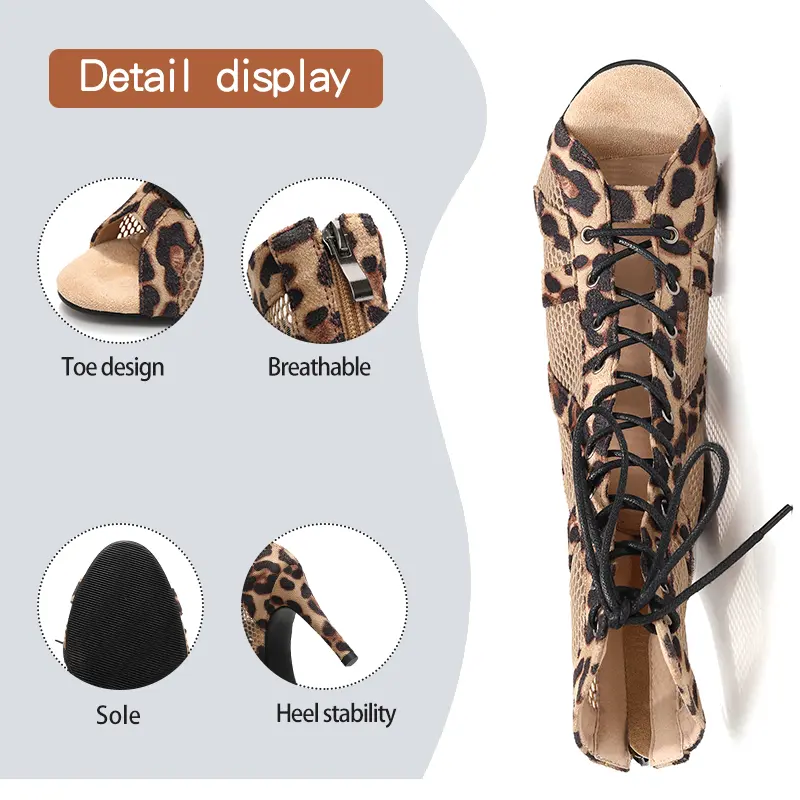 DKZSYIM Woman Latin Dance Shoes Leopard Party Dance Boots for Ladies High Heels Mesh Boots Girls Ballroom Shoes Sexy Stilettos