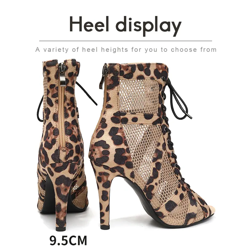 DKZSYIM Woman Latin Dance Shoes Leopard Party Dance Boots for Ladies High Heels Mesh Boots Girls Ballroom Shoes Sexy Stilettos