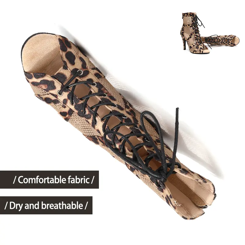 DKZSYIM Woman Latin Dance Shoes Leopard Party Dance Boots for Ladies High Heels Mesh Boots Girls Ballroom Shoes Sexy Stilettos
