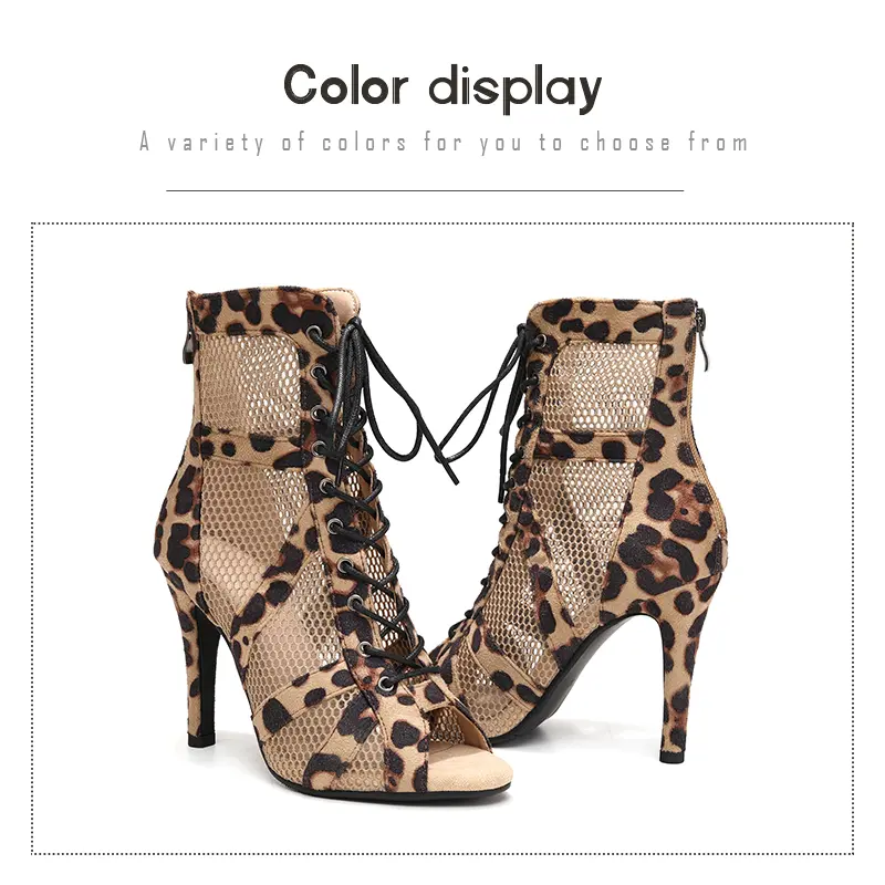 DKZSYIM Woman Latin Dance Shoes Leopard Party Dance Boots for Ladies High Heels Mesh Boots Girls Ballroom Shoes Sexy Stilettos