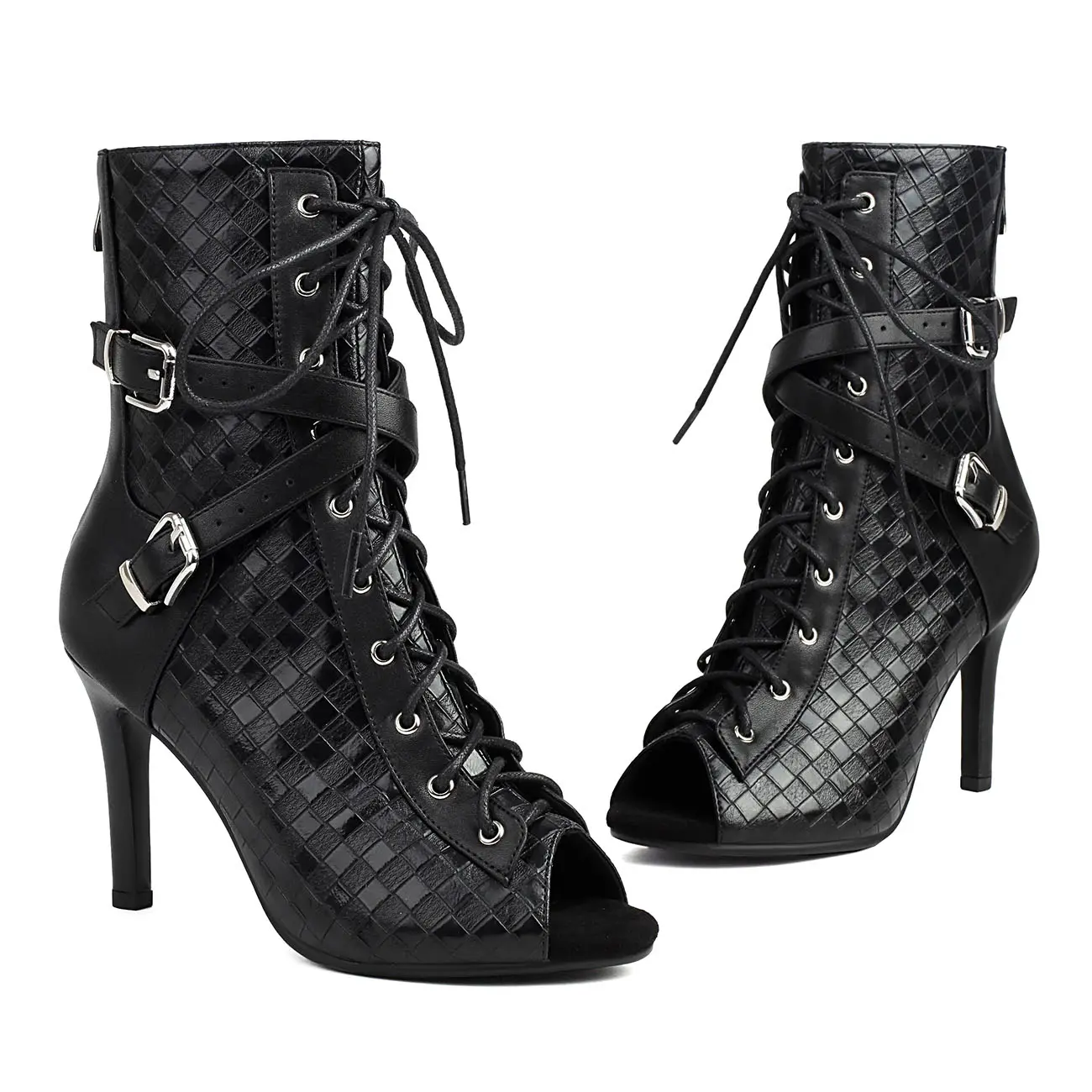 2025 New Sexy Women Dance Heels PU Leather High Heels Dance Shoes Black Peep Toe Boot Stilettos Female Latin Dancing Booties