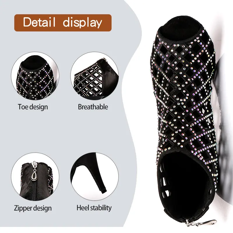 DKZSYIM Black Latin Dance Shoes Women Sparkling Professional Ballroom Dance Salsa Boots Party Dance Shoes Rhinestone High Hells