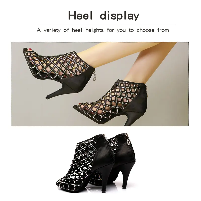 DKZSYIM Black Latin Dance Shoes Women Sparkling Professional Ballroom Dance Salsa Boots Party Dance Shoes Rhinestone High Hells