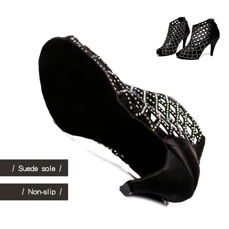 DKZSYIM Black Latin Dance Shoes Women Sparkling Professional Ballroom Dance Salsa Boots Party Dance Shoes Rhinestone High Hells