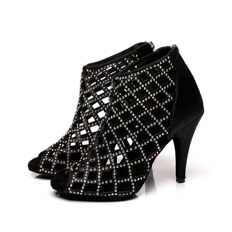 DKZSYIM Black Latin Dance Shoes Women Sparkling Professional Ballroom Dance Salsa Boots Party Dance Shoes Rhinestone High Hells