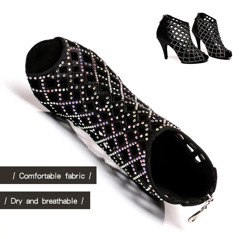 DKZSYIM Black Latin Dance Shoes Women Sparkling Professional Ballroom Dance Salsa Boots Party Dance Shoes Rhinestone High Hells