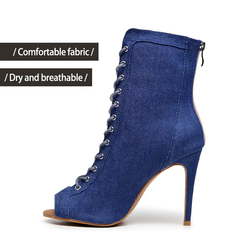DKZSYIM Women Dance Boots Stiletto High heels Denim Blue Pole Tango Party Dance Shoes for Ladies Salsa Ballroom Dancing Shoes