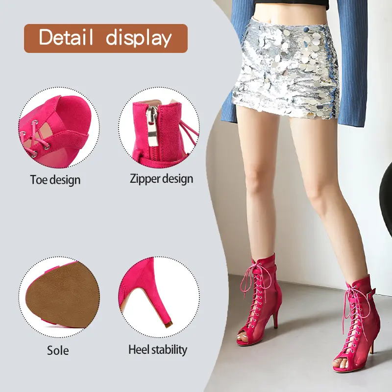 Sexy Stilettos Woman Dance Shoes Rose Red High Heels Peep Toe Party Dance Booties Girls Women Perform Ballroom Dance Boots