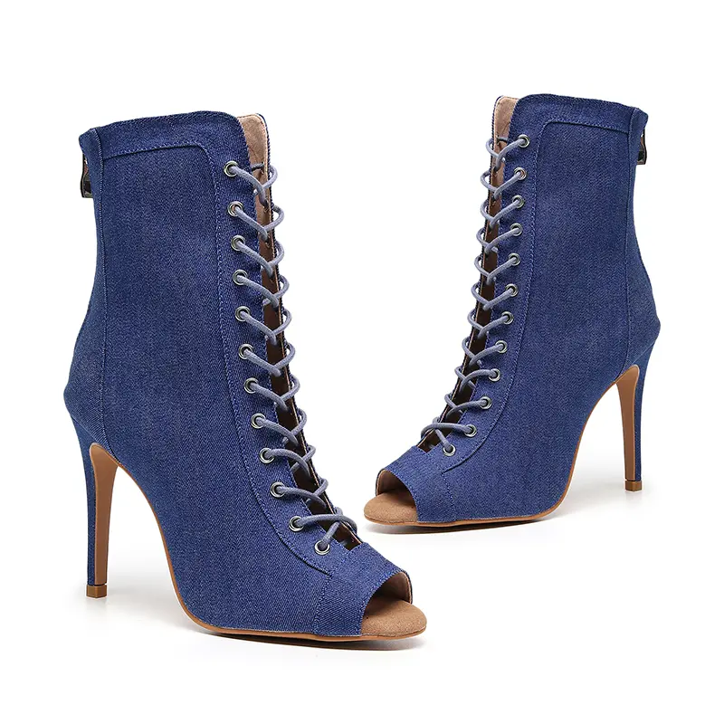 DKZSYIM Women Dance Boots Stiletto High heels Denim Blue Pole Tango Party Dance Shoes for Ladies Salsa Ballroom Dancing Shoes