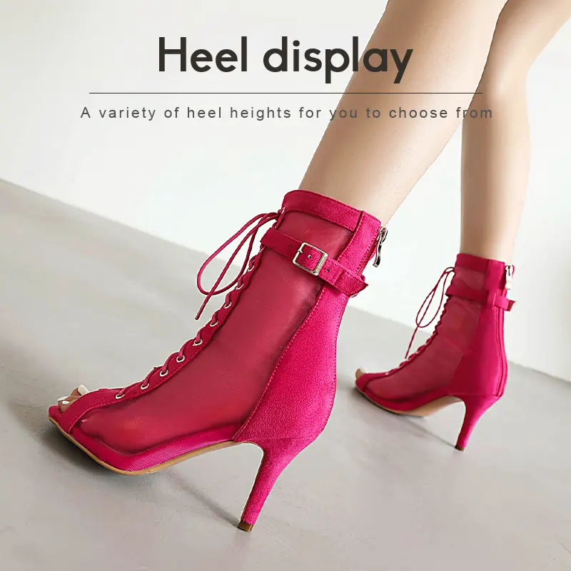 Sexy Stilettos Woman Dance Shoes Rose Red High Heels Peep Toe Party Dance Booties Girls Women Perform Ballroom Dance Boots