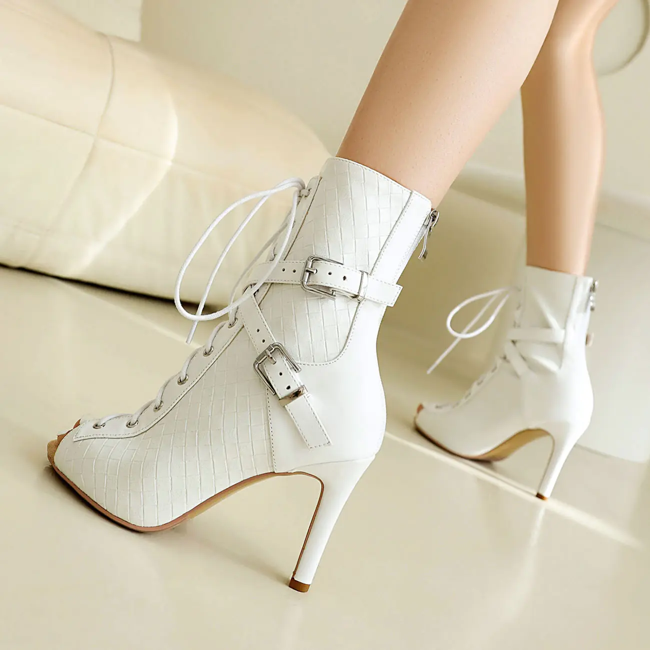 2024 New Sexy Women Dance Heels Black/White High Heels Shoes Peep Toe Boot Stilettos Female Latin Dancing Booties Big Size