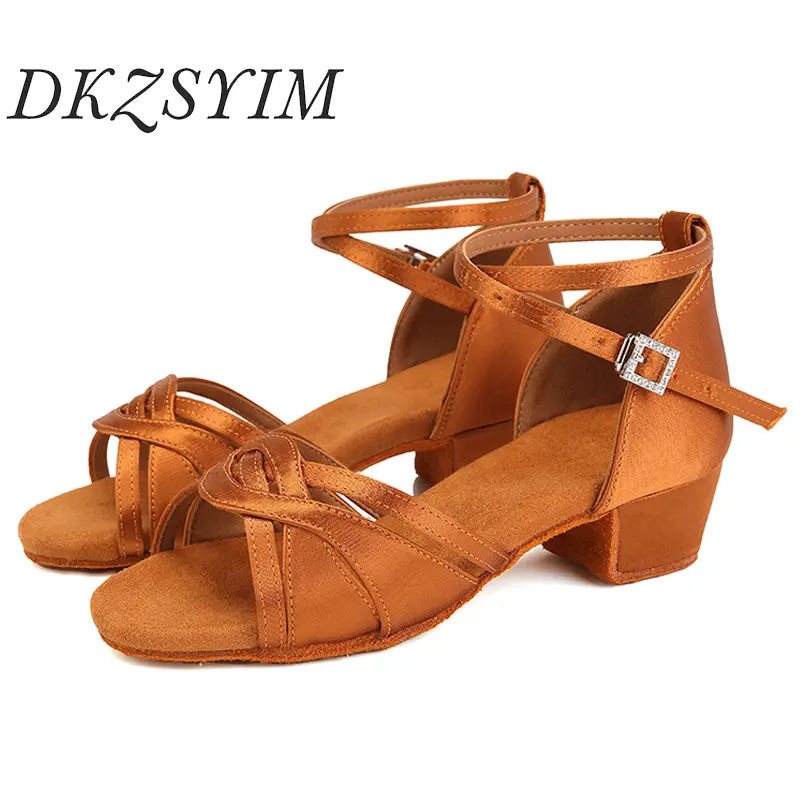 DKZSYIM Girls Latin Dance Shoes Silk Tango Dance Shoes Salsa Dancing Shoes for Kids Dance Sandals Ballroom Women Heel 3/4CM