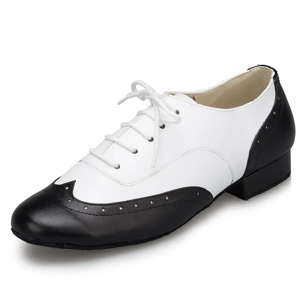 DKZSYIM New Latin Dance Shoes Adult Men White+Black Professional Salsa Shoes Leather Plus Size  Low Heel Ballroom Tango Shoes