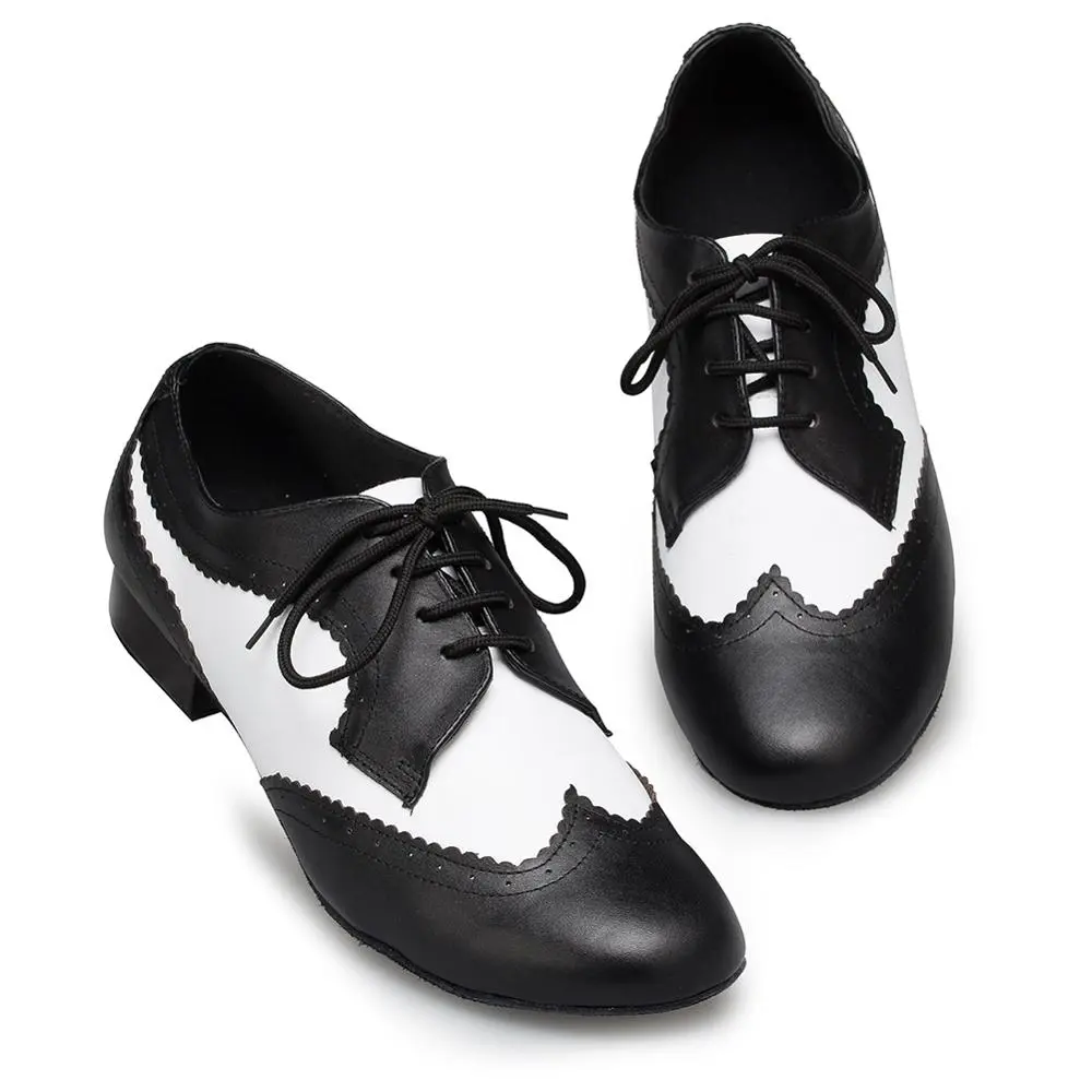 DKZSYIM New Latin Dance Shoes Adult Men White+Black Professional Salsa Shoes Leather Plus Size  Low Heel Ballroom Tango Shoes